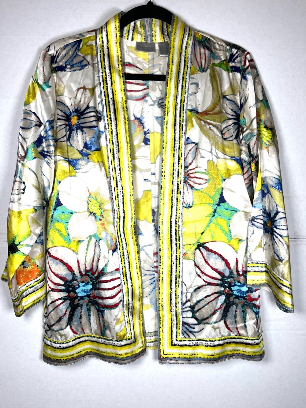 Chico's Multicolor Floral Stripe Open-Front Jacket